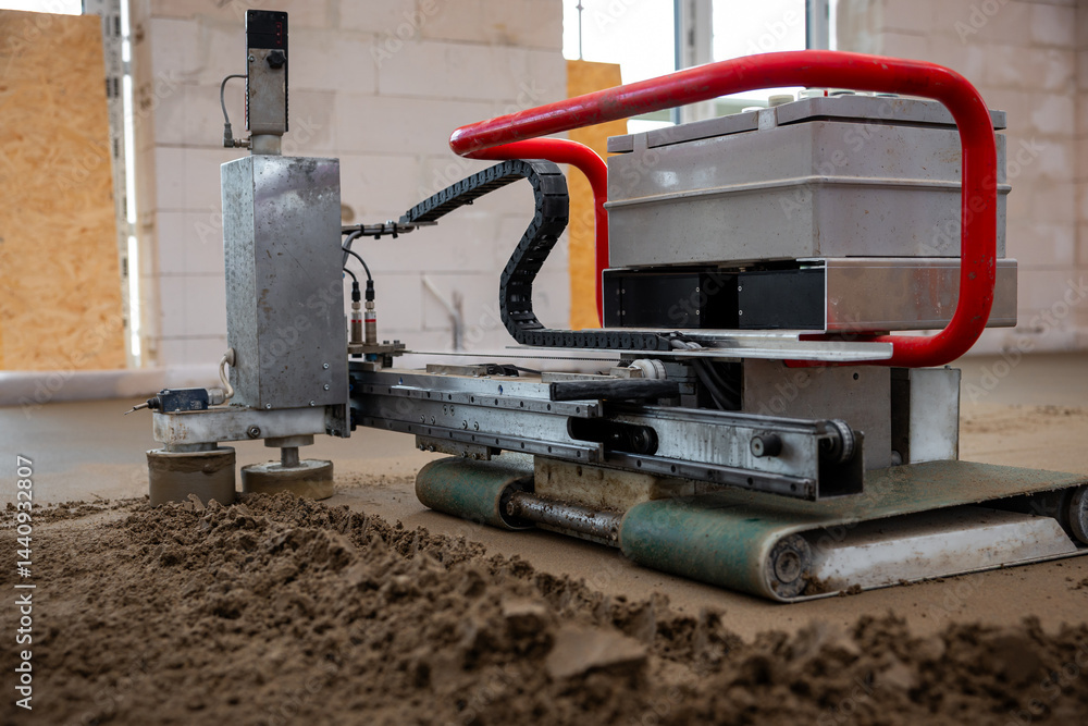 A specialized machine with a red handle levels sand on a concrete floor. Surrounding walls are unfinished, with concrete blocks and plywood openings.