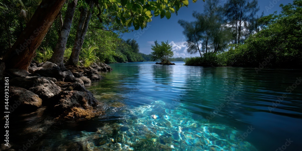 Naklejka premium Serene tropical river flowing gently under clear blue sky surrounded by lush green foliage