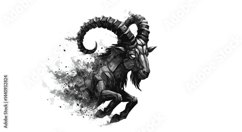 Running black goat with textured fur on white background