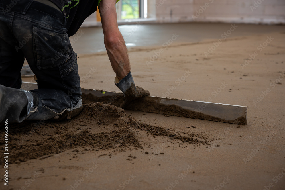 A worker kneels on a construction site, using a straightedge tool to level sand or concrete. Unfinished walls and an open window provide natural light.