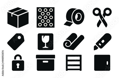 Logistics and packaging icon set - solid silhouettes for warehouse management, shipping and storage efficiency: box, tape, scissors, tag, fragile, lock, cutter