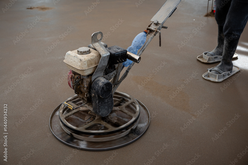 A construction worker operates a power trowel machine indoors, smoothing a freshly laid concrete floor. Protective footwear and active trowel blades are visible.