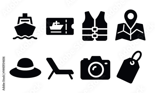 Travel and adventure silhouette icons set – solid style vacation, navigation, and leisure symbols for trip planning: ship, ticket, life vest, map, sunhat, beach chair, camera, tag.