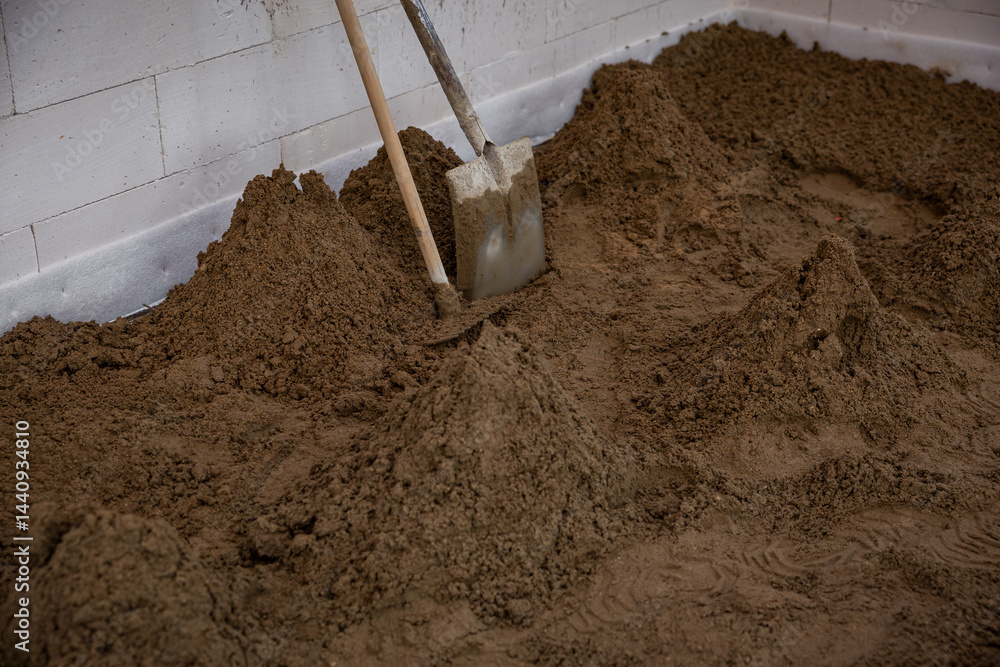 Interior of a construction site with sand spread on the floor, tools against a white brick wall, and visible marks indicating active preparation work.