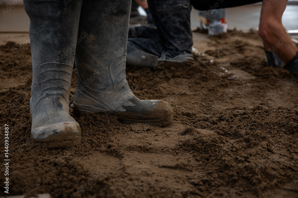 Construction workers install underfloor heating pipes and lay Estrich concrete. Muddy rubber boots stand on damp soil, with tools and materials visible.