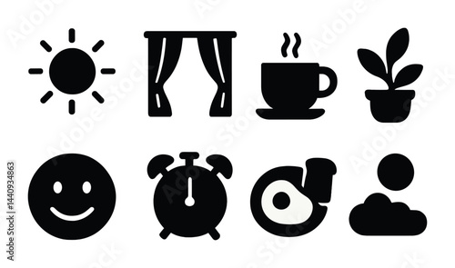 Home and lifestyle silhouette icons – solid style for daily essentials and comfort: sun, curtains, coffee cup, plant, smile, alarm clock, egg, cloud