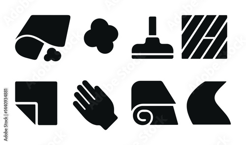 Home flooring tools icons set - solid style maintenance and installation symbols: carpet, floor buffer, polisher, hardwood, tile, glove, roll