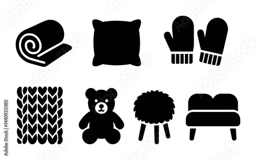 Cozy home decor silhouette icons – solid style comfort and warmth symbols for interiors: blanket, pillow, mittens, knitted fabric, teddy bear, stool, couch.