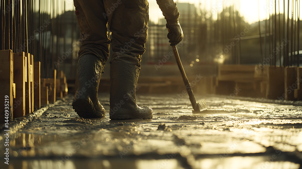 Construction Worker Smoothing Concrete at Sunset Construction Worker Smoothing Concrete at Sunset