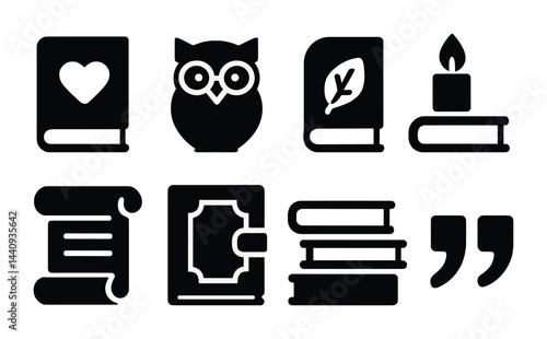 Literature and education icon set – solid style reading, knowledge, and study symbols for libraries and schools: book, owl, leaf, candle, scroll, journal, stack, quotation.