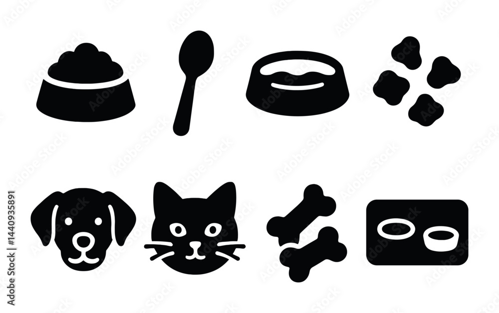 Pet care solid icons set – filled style for animal wellness and grooming: dog, cat, food bowl, spoon, paw prints, bone, water bowl, mat