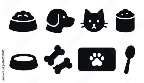 Pet care silhouette icons set – solid style for animal nutrition, adoption, and grooming: dog, cat, food bowl, bone, paw print, spoon, canned food