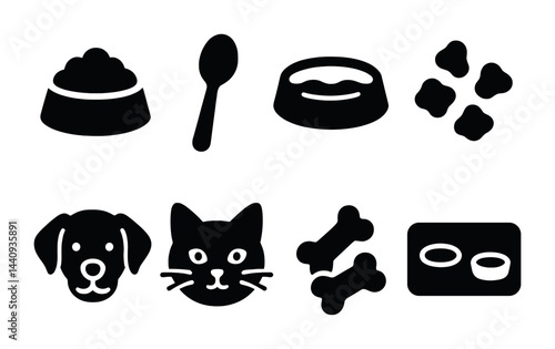 Obraz na płótnie Pet care solid icons set – filled style for animal wellness and grooming: dog, cat, food bowl, spoon, paw prints, bone, water bowl, mat w salonie