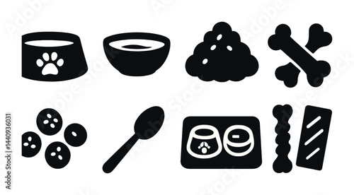 Pet care silhouette icons set – solid style animal and veterinary symbols for pet owners: bowl, food, bone, paw print, spoon, kibble.