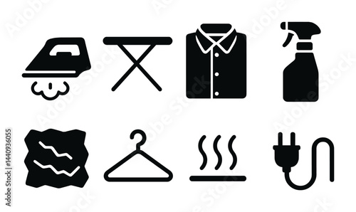Household cleaning and laundry icons set – solid style home maintenance and chore symbols for everyday use: iron, ironing board, shirt, spray bottle, sponge, hanger, steam, power cord.