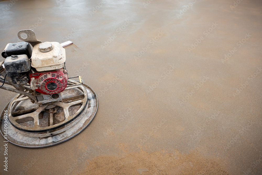 A power trowel machine with a red and white motor smooths a wet concrete surface. The circular blade contacts the floor, showing drying patches.