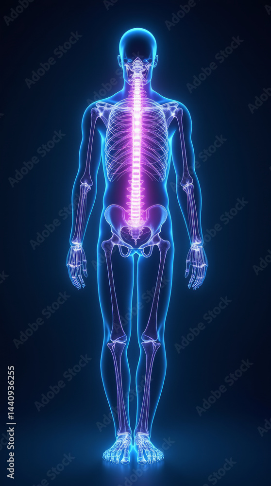 Transparent Human Body with Glowing Spine in Neon Blue Transparent Human Body with Glowing Spine in Neon Blue