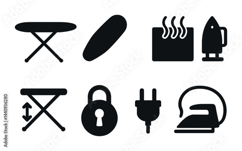 Household appliance icons set – silhouette style home, domestic, and utility symbols for interior essentials: ironing board, ironing pad, hot surface, iron, adjustable, lock, plug
