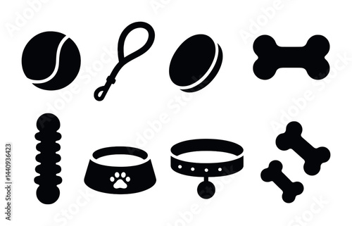 Pet care silhouette icons set - solid style for animal supplies, dog and cat accessories: ball, leash, bone, chew toy, bowl, collar, treats, paw print