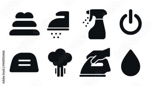 Household chores solid icons set – simplistic silhouette cleaning, laundry, and maintenance symbols for home management: detergent, vacuum, mop, iron, water drop, steam, power button