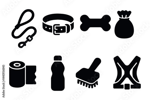 Pet care solid icon set - essential animal accessories in filled style for grooming, walking, and feeding: leash, collar, bone, bag, brush, bottle, harness.