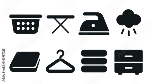Laundry and home care solid icons set – flat style cleaning, organization symbols for household management: laundry basket, ironing board, iron, clothes hanger, folded towels, dresser