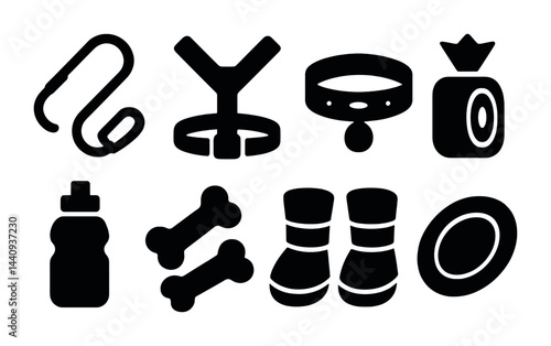 Pet care silhouette icons collection – solid style designs for animal lovers and pet accessories: collar, leash, pet food, bone, toy, booties, harness, water bottle.