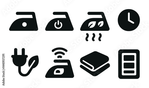 Home appliance solid icons set – modern household, energy-efficient, smart devices: iron, clock, eco plug, wi-fi appliance, steaming iron, folded laundry, control panel.