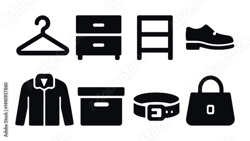 Home and closet solid icons set – silhouette style organization, storage, and accessories symbols for lifestyle: hanger, dresser, shelf, shoe, jacket, box, belt, handbag.