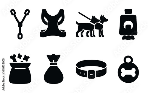 Pet accessories solid icons set - filled style dog and cat essentials for care and training: harness, leash, pet shampoo, treat bag, collar, pet id tag.