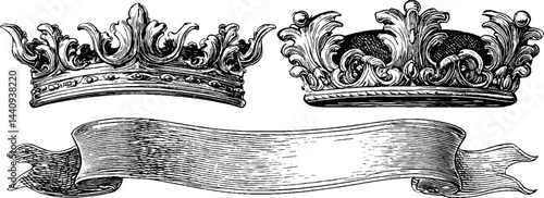 Engraved baroque frames and crowns illustration for elegant design projects
