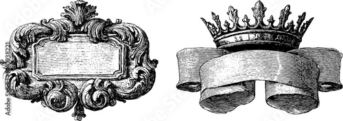 Elegant baroque frames and ornate crown engravings for decorative design and antique art