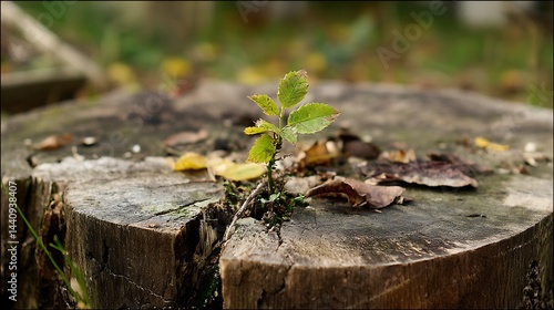 New tree sprouting from aged stump in nature scene  
 photo