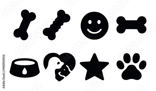 Pet care solid icons set – silhouette style for animal wellness, pet grooming, and veterinary: bone, smiley, heart, star, paw, bowl, pet profile