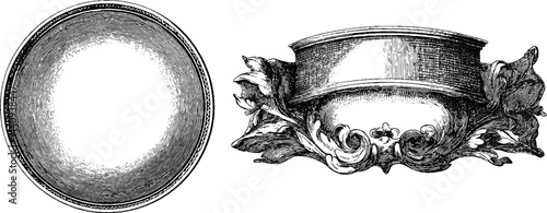 Vintage circular badge and decorative engraved banner design for retro projects