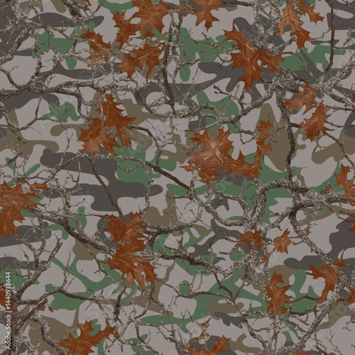 Realistic forest camouflage. Seamless pattern. Trees, branches, green and brown oak leaves. Useable for hunting and military purposes. Hunting camo texture. Abstract camouflage