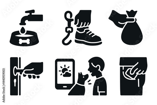 Daily dog care routine icons and pet training illustrations