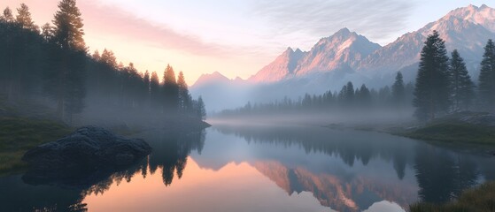 Crédence de cuisine  Serene Mountainscape: A breathtaking vista of a calm lake mirroring the majestic mountains under a pastel-hued sky, a scene that embodies the tranquility and grandeur of nature.  © GROW HIGH