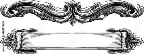 Vintage engraved set of scroll and baroque banner for elegant design projects