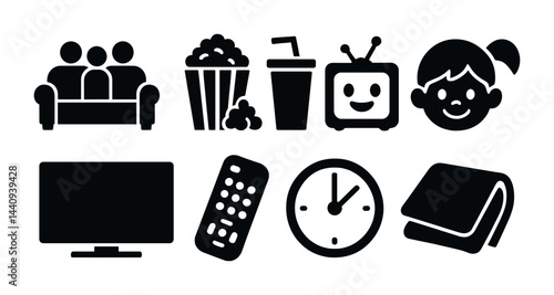 Home entertainment solid icons set – silhouette style family, relaxation, and leisure symbols for cozy evenings: sofa, popcorn, drink, tv, girl, remote, clock, magazine.