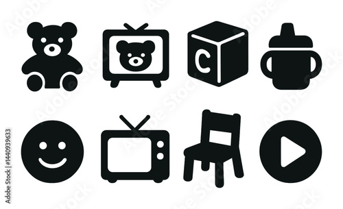 Baby and toddler solid icons set - filled style nursery, toys, and essentials symbols for childcare: teddy bear, tv, building block, sippy cup, smiley, chair, play button.