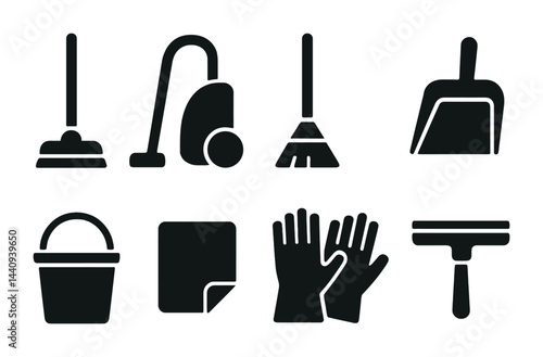 Home cleaning tools silhouette icons set – solid style housekeeping, sanitation, and hygiene symbols for maintenance: plunger, vacuum, broom, dustpan, bucket, gloves, squeegee.
