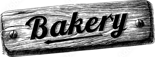 Vintage engraved bakery sign featuring wood board and iron nails for rustic decor