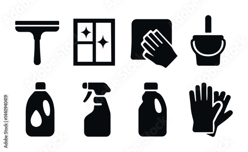 House cleaning solid icons set – flat style for home maintenance and janitorial tasks: squeegee, window, cloth, bucket, cleaning solution, spray bottle, gloves