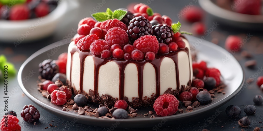 Delicious berry mousse cake topped with fresh raspberries and blackberries on a black plate Delicious berry mousse cake topped with fresh raspberries and blackberries on a black plate