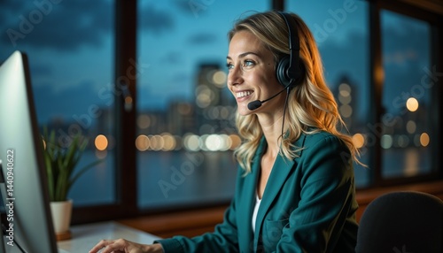 Smiling young woman with headset working on computer at night with city lights background