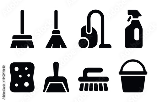 Home cleaning solid icon set – flat style maintenance, housekeeping, and sanitation tools: broom, mop, vacuum, spray bottle, sponge, dustpan, brush, bucket