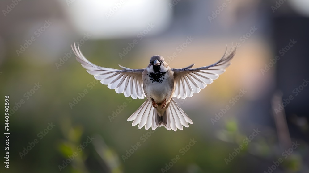 Obraz premium A sparrow gracefully taking flight with spread wings against a blurred natural backdrop. The bird exhibits detailed plumage, conveying a sense of freedom
