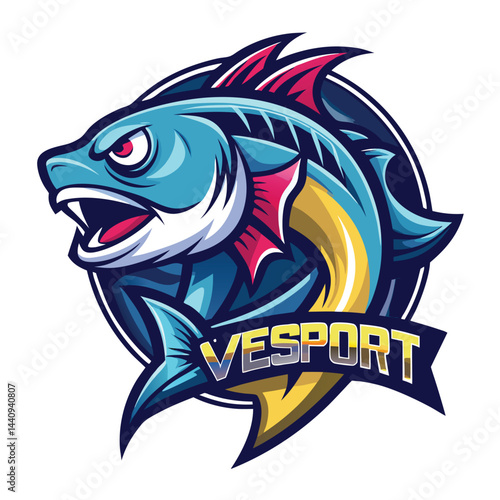 Fierce fish mascot logo, vibrant colors, aggressive expression