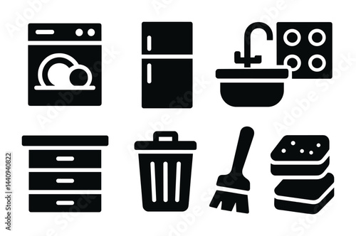 Kitchen appliances flat icon set – solid style home, cooking, and organization symbols: dishwasher, refrigerator, sink, stove, cabinet, trash bin, brush, sponge